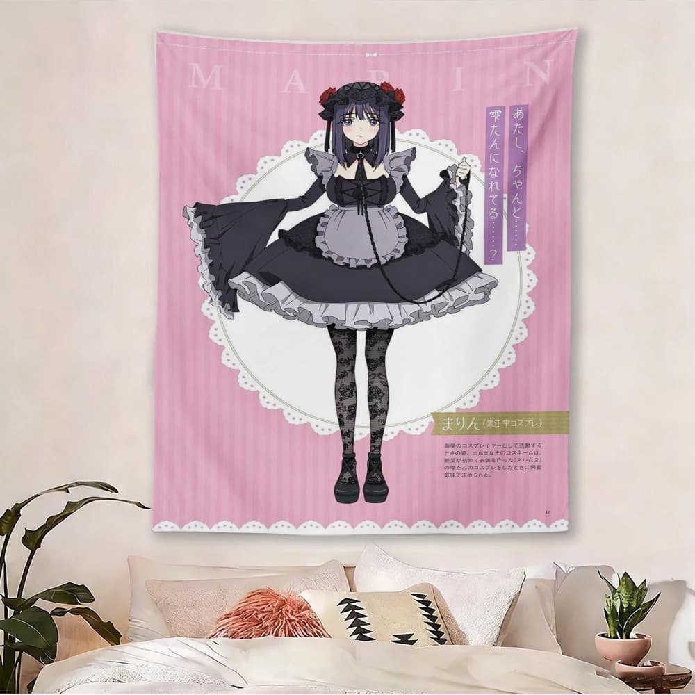 My Dress-Up Darling Marin Kitagawa Cosplay Tapestry, Gothic Lolita Anime Wall Hanging, Pink Background Cloth for Bedroom Dorm