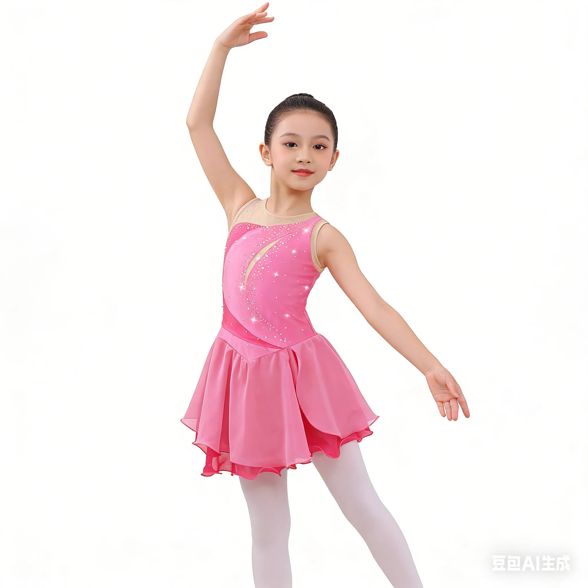 Vestito da Pattinaggio Artistico con Volant per Bambine, Abito da Ginnastica e Danza, Leotard Lirico con Collo Tondo e Strass Luccicanti