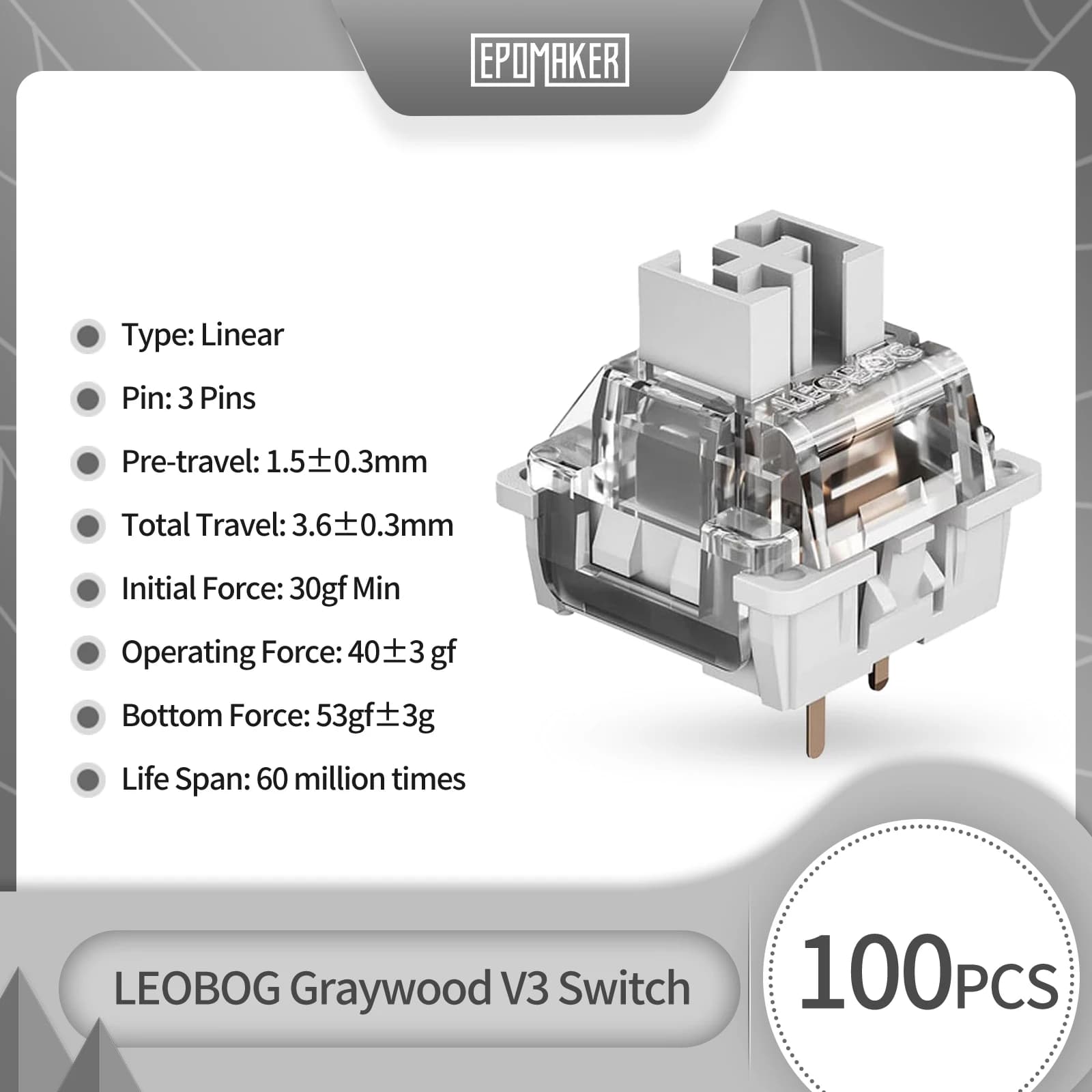 100 Pieces LEOBOG Graywood V3 Set Switches Linear 40g 3 Pin to Customize Mechanical Keyboards DIY