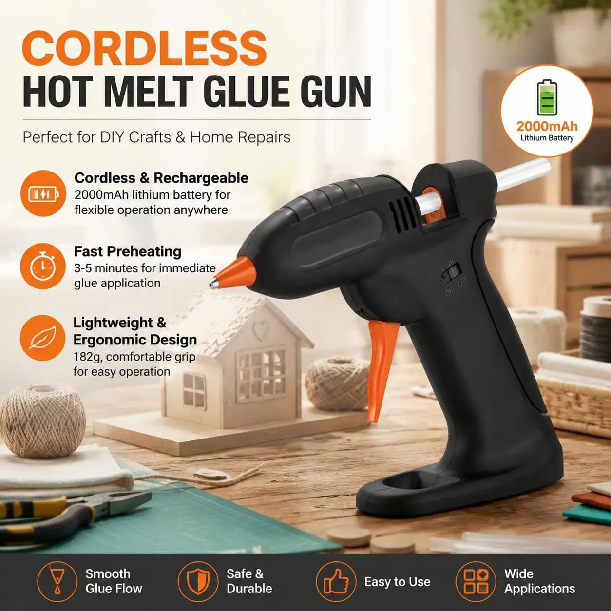 Cordless Hot Melt Glue Gun Rechargeable Lithium Battery Powered Portable Wireless Glue Gun for DIY Craft Art Home Repair Wood Plastic Paper Crafting School Projects with Rapid Heating and Smooth Flow for Fast Bonding and Reliable Performance