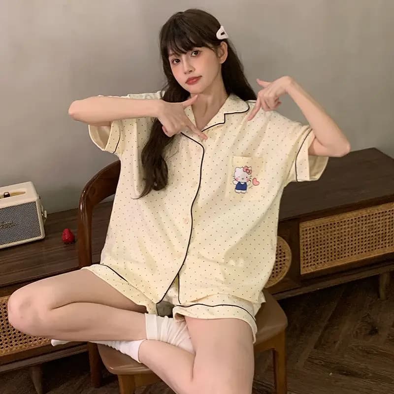 Sanrio Hello Kitty Pochacco Cotton Pajama Set Women Short Sleeve Shorts 2 Piece Kawaii Summer Casual Home Sleepwear Loungewear