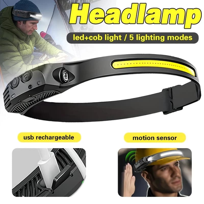 Lampada frontale con sensore LED Batteria incorporata Torcia frontale ricaricabile USB COB Torcia frontale a LED Luce di ricerca per pesca da campeggio