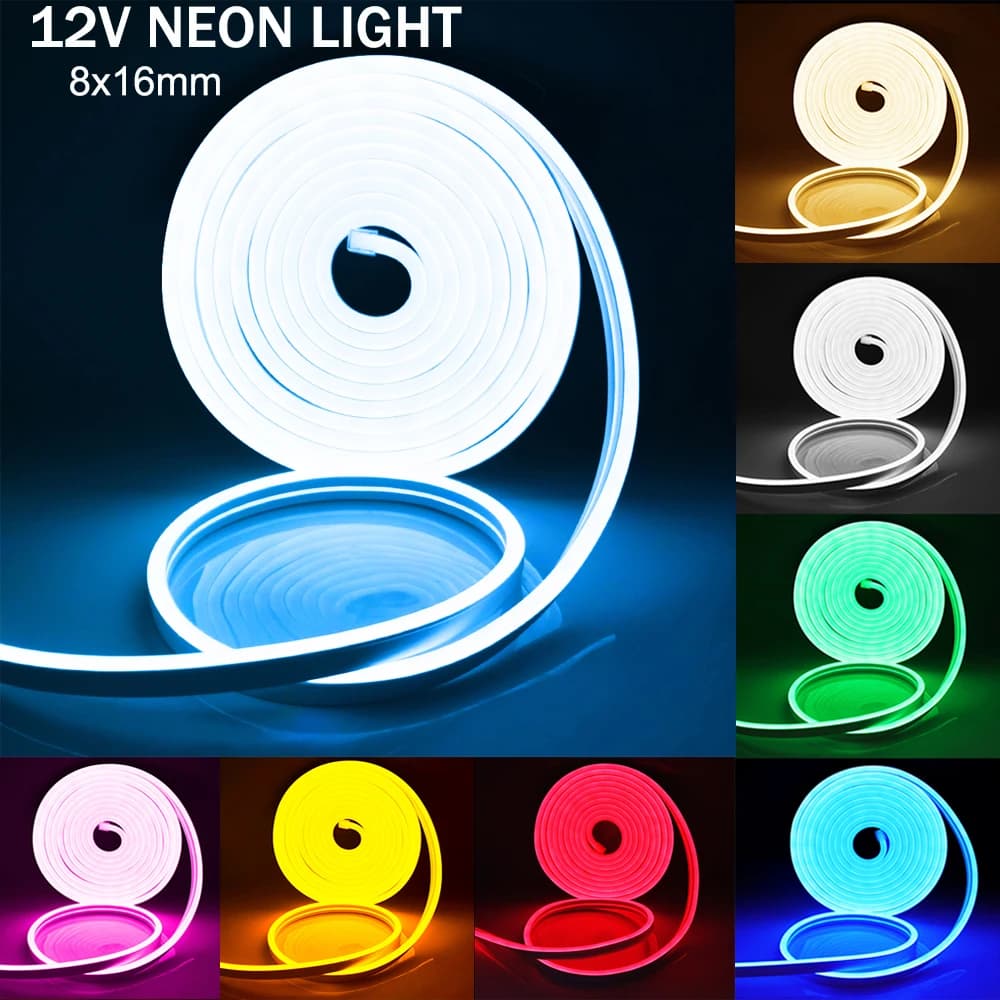12V Flex Neon Sign 8x16mm LED Neon Light 2835 120Leds Striscia LED impermeabile Nastro luminoso Bianco caldo Ghiaccio Blu Giallo Rosa Rosso Verde