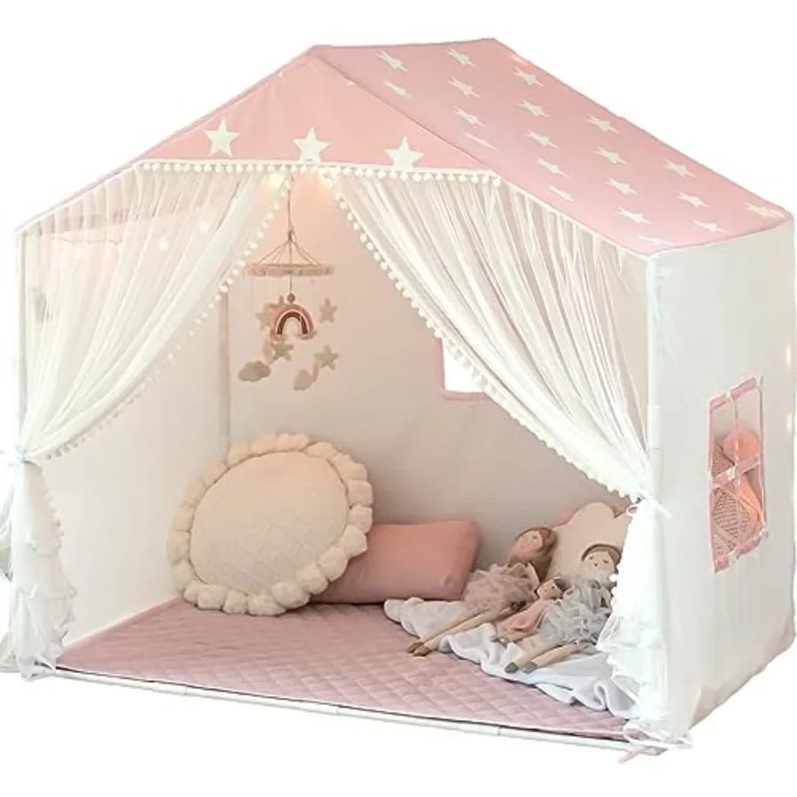 Tenda da gioco con tappetino per uso interno, casetta da gioco rosa in poliestere con tende con pompon, leggera e portatile.