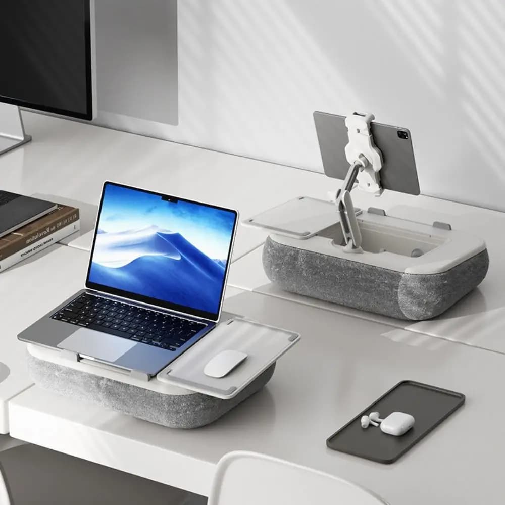360 ° Supporto per Tablet Girevole a Forma di Cuscino, Porta Cellulare Multifunzionale Rimovibile, Spazio di Archiviazione, Vano per Snack, Scrivania da Divano a Forma di Cuscino