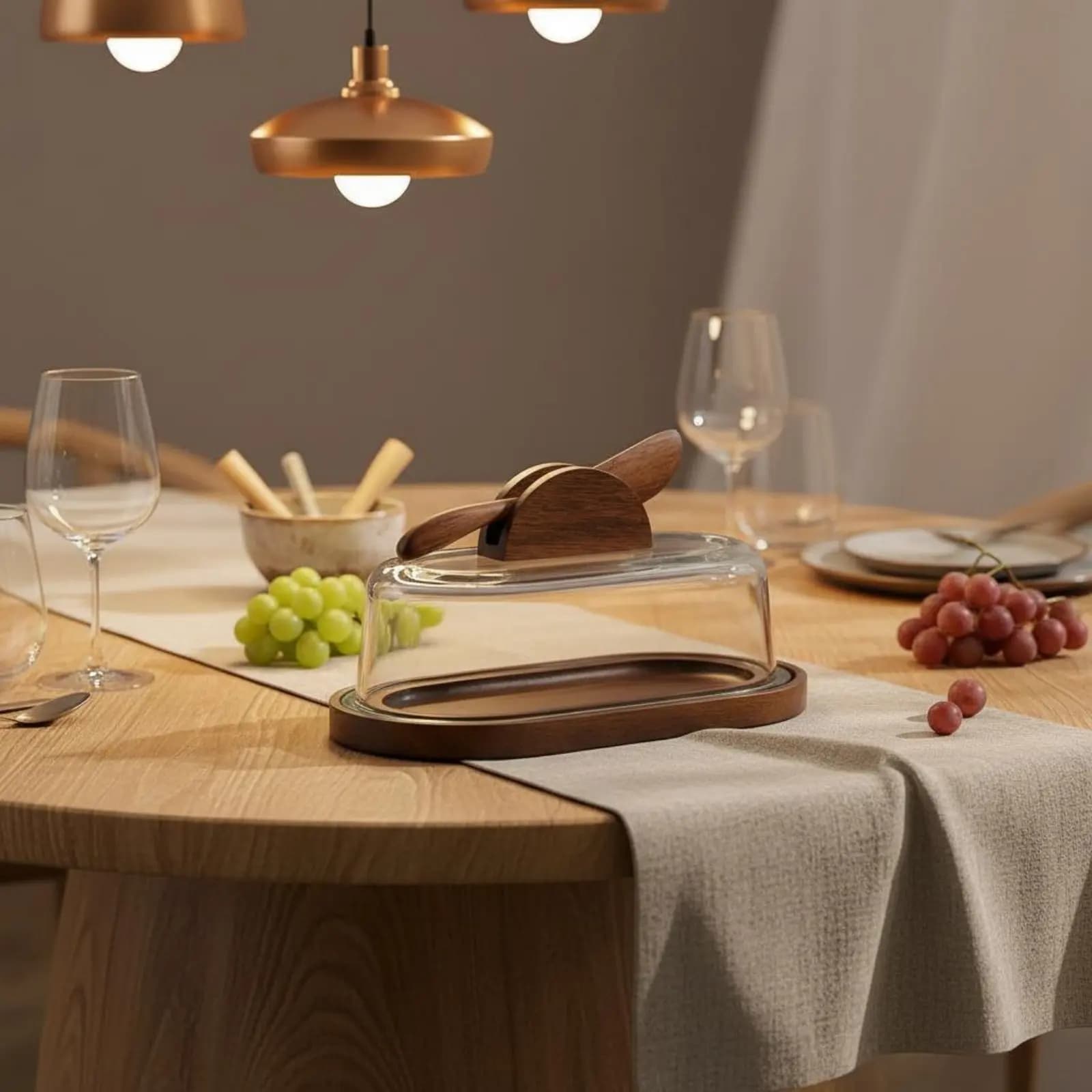 Portaburro con Coperchio in Vetro Facile da Pulire, Contenitore Rettangolare per Burro, Utensile da Cucina con Base in Legno di Noce, Include Utensile da Tavola