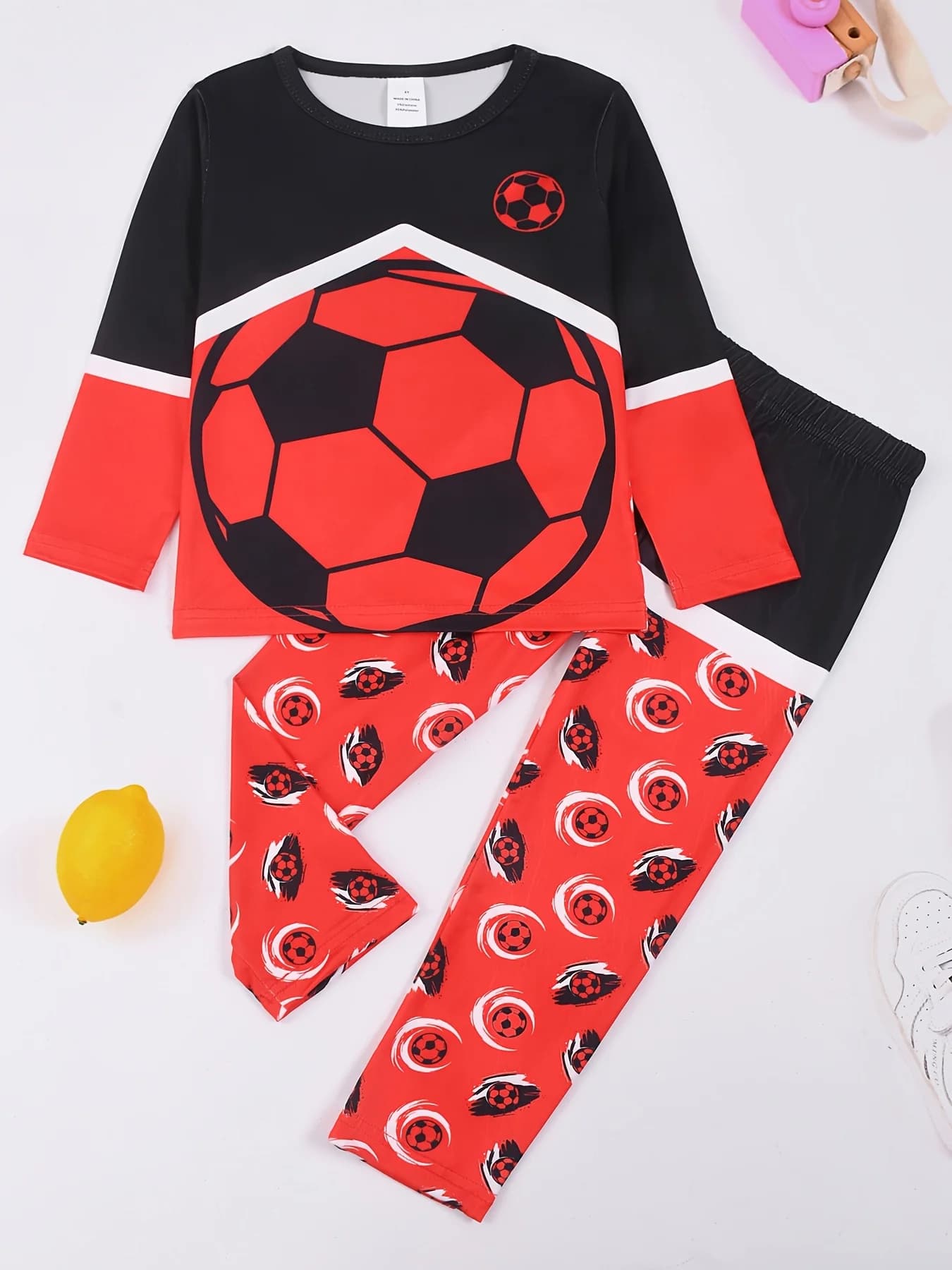Boys' 2-Piece Football Print Pajama Set, Color Block Micro Elastic Long Sleeve Top & Pants Loungewear