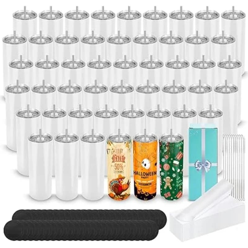 Upgraded version Bottom Blank Tumbler Cups,Individual Gift Boxed 50 Pack Sublimation Tumblers 20 oz Bulk Skinny Straight Flat