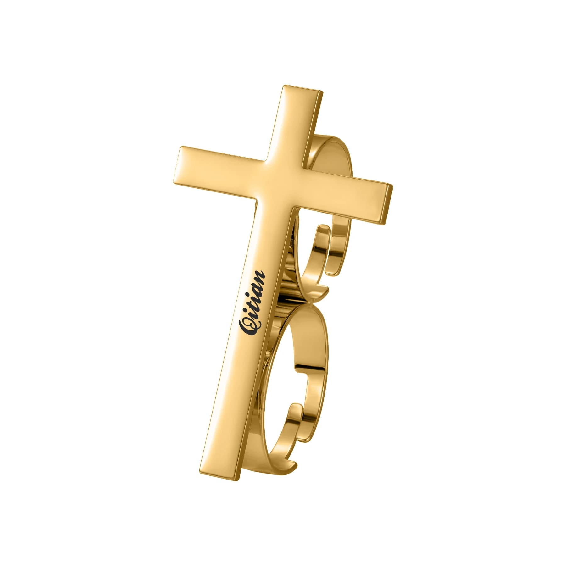 Qitian Custom Name Cross 18k Gold Plating Rings For Two Fingers Adjustablecharms Double Ring Laser Engraving Name For Women Gift