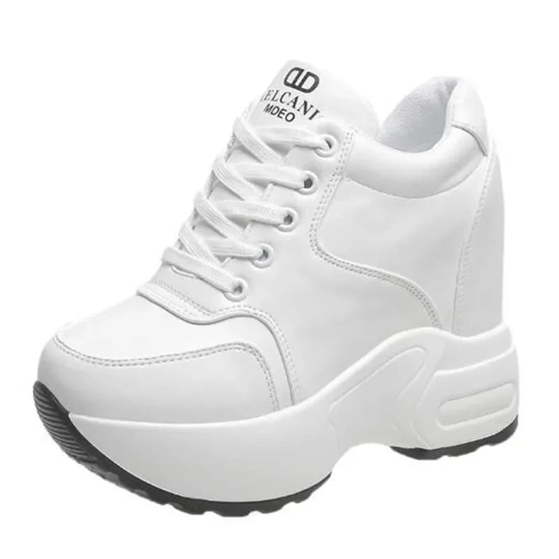 2025 Stivaletti da donna Autunno Scarpe robuste in pelle Piattaforma da donna Altezza maggiorata Sneakers 10CM Suola spessa Zeppe Stivali bianchi