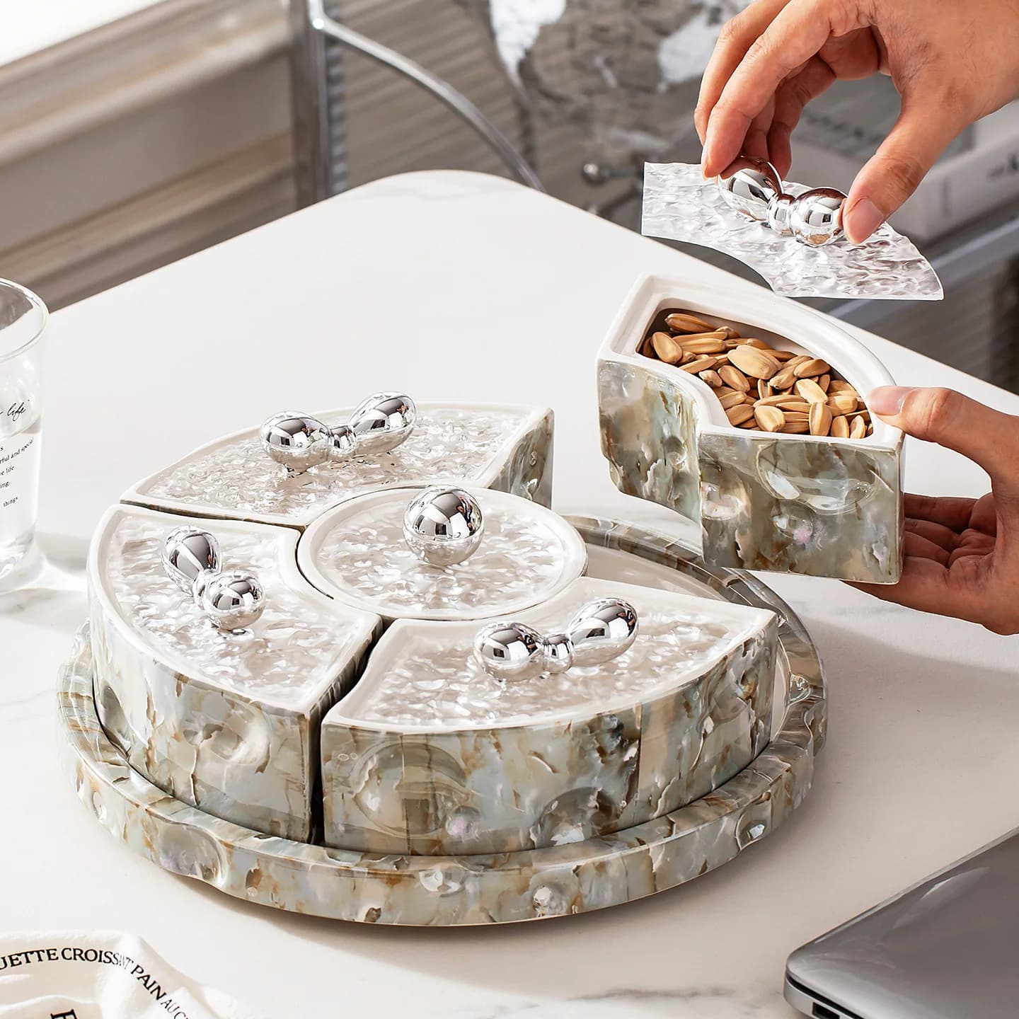 Light high-end ceramic platter set, household living room fruit plate, dried fruit plate divided into compartments with l