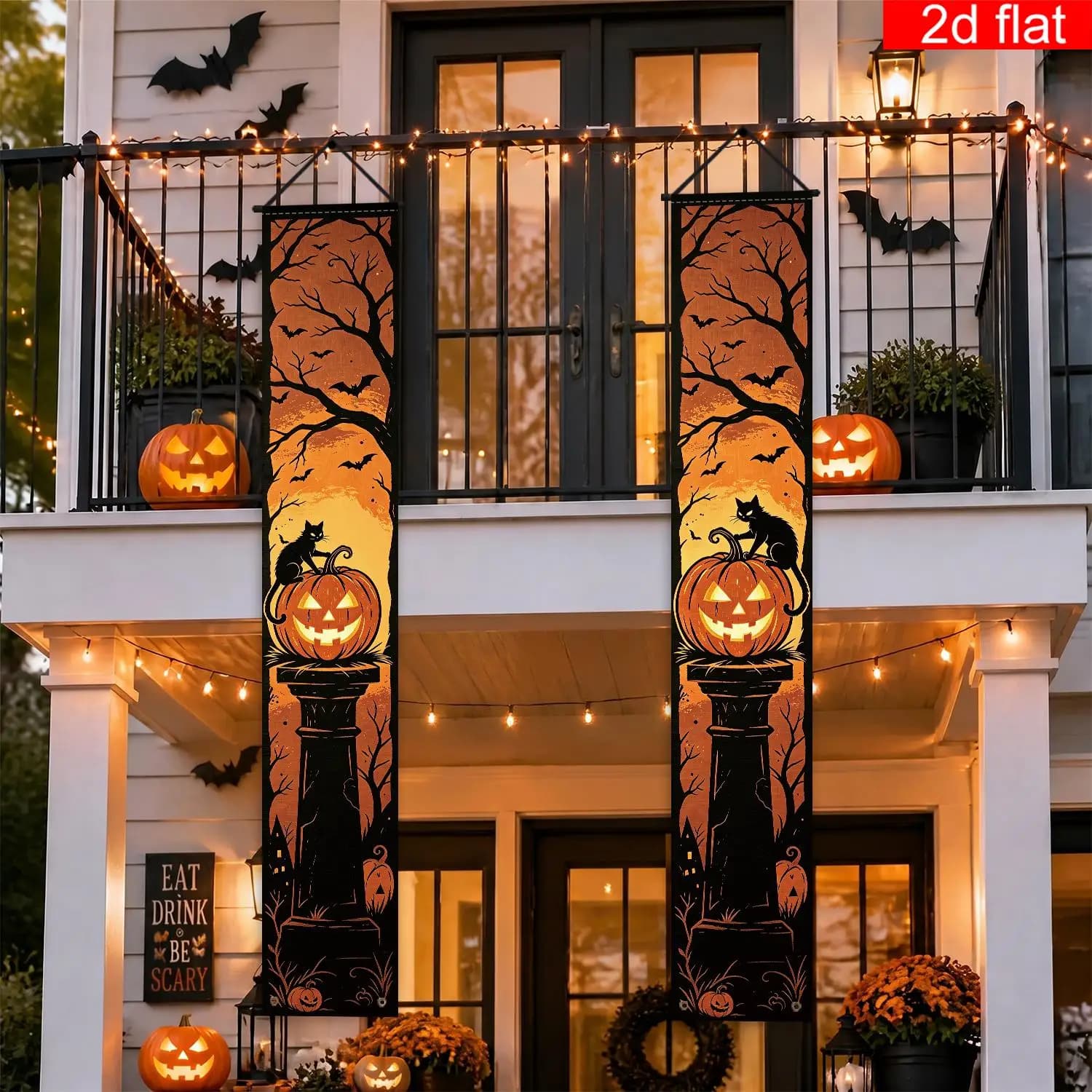 2D Flat Banner 2pcs for Halloween Themed Front Door Porch Sign Banner, Polyester Black Cat Pumpkin Tombstone, Dead Tree Bat