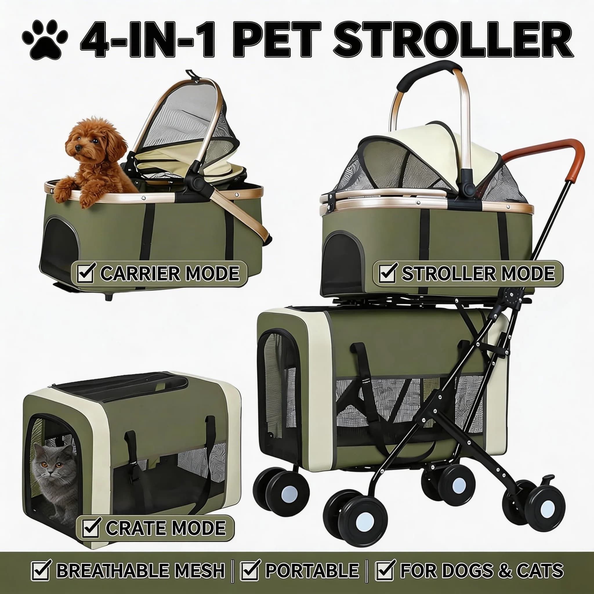 Passeggino Doppio per Cani e Gatti, Carrozzina da Viaggio Pieghevole, Trasportini Staccabili, Cinture di Sicurezza, 4 Ruote Bloccabili, Facile da Montare