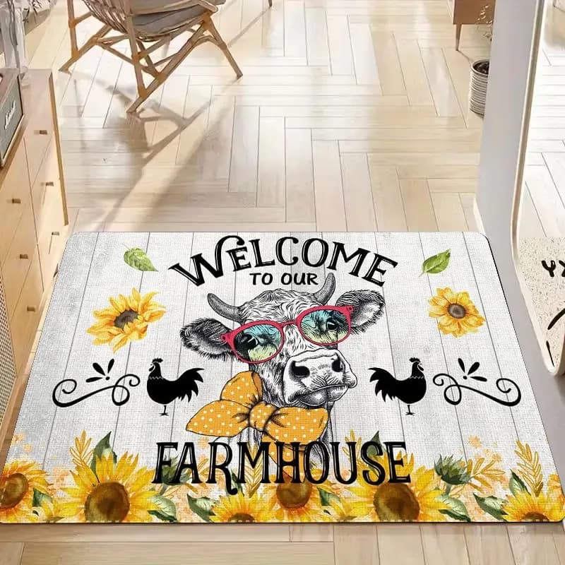 Farmhouse Cow Sunflower Welcome Mat Soft Flannel Non Slip Indoor Door Rug for Entrance Kitchen Bedroom