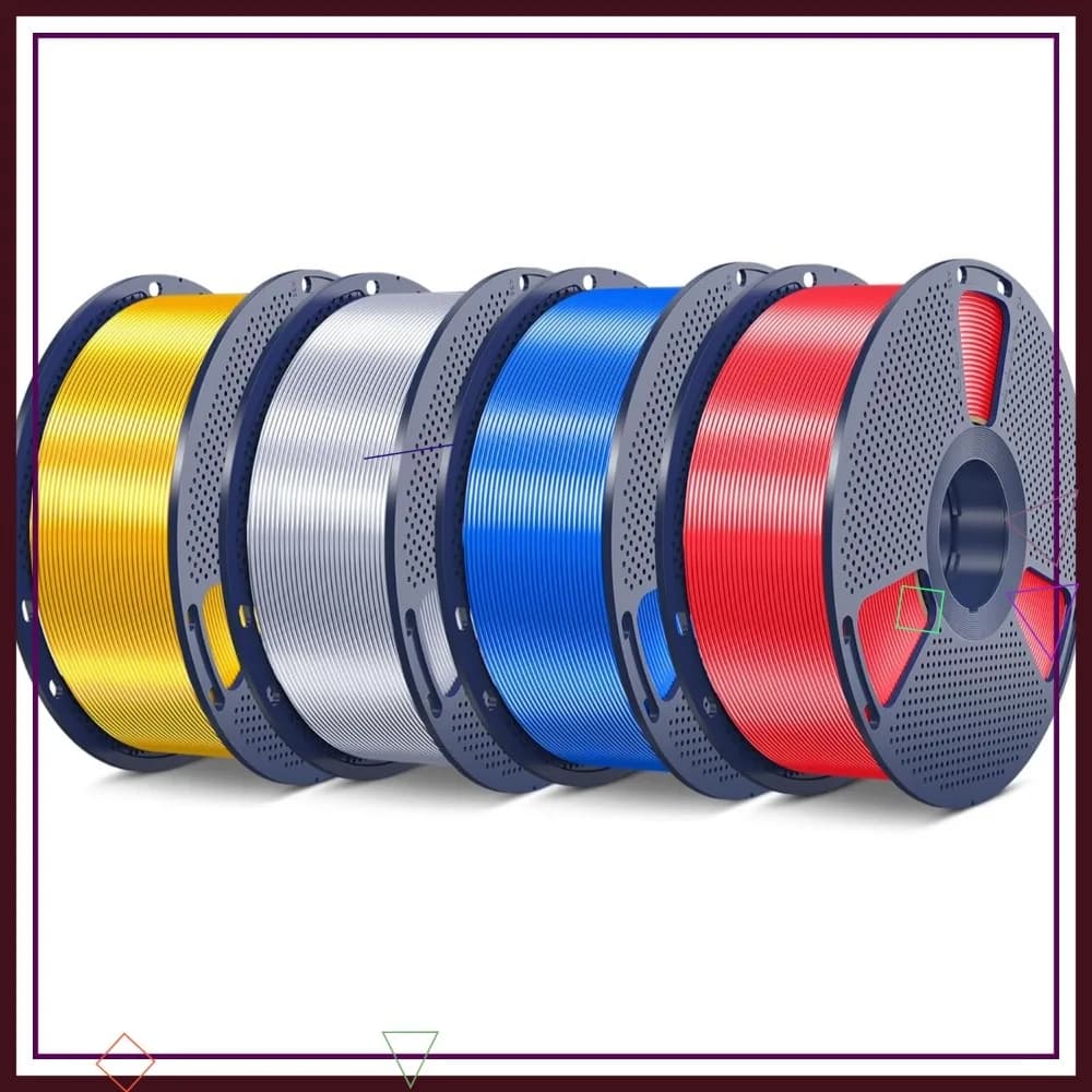 Confezione di Filamenti PLA+ Effetto Seta da 4KG, Superficie Lucida, 1.75mm ±0.02mm, Stampa Lucida, Confezionati Sottovuoto (Argento+Oro+Blu+Rosso)