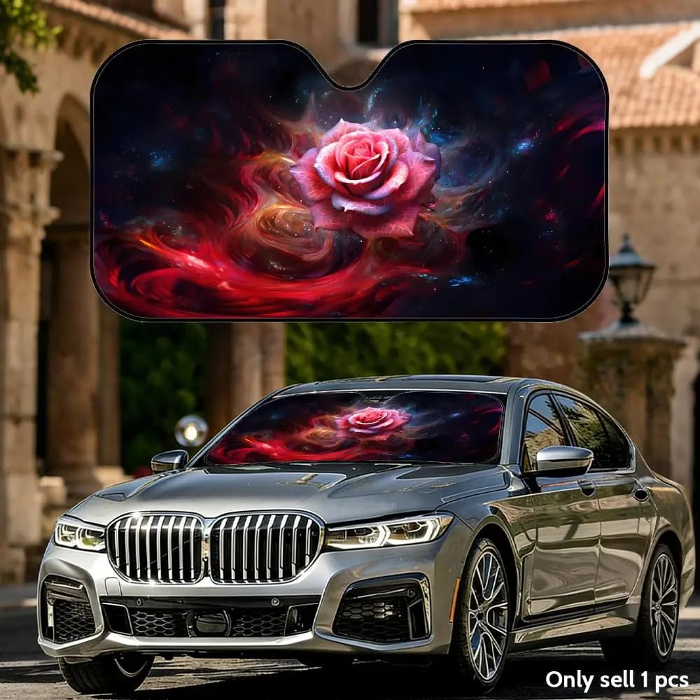 Parasole Pieghevole Universale per Auto con Protezione UV e Isolamento Termico, Copertura Pieghevole a Forma di Rosa Rossa