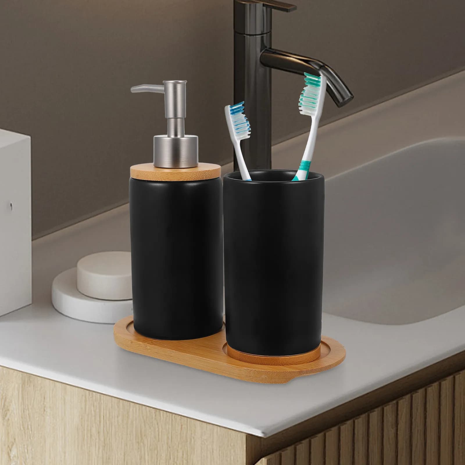 Set di Accessori per Bagno in Ceramica, Organizzatore Moderno Lucido per Piano Lavabo, Portaspazzolino, Dispenser per Shampoo e Sapone