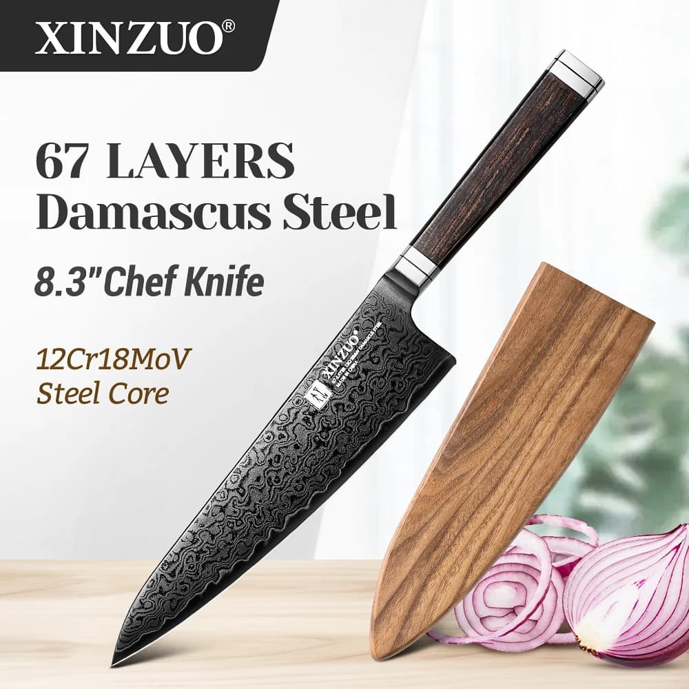 XINZUO 8.3 "Coltello da cuoco 67 strati Coltello da cucina in acciaio di Damasco Legno di ebano + Manico G10 nero Strumento affilato per affettare carne di verdure