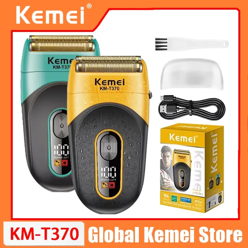 Rasoio Elettrico Kemei per Uomo, Trimmer per Barba Professionale Impermeabile, Rasoio a Lamina con 3 Lame, Ricarica USB KM-T370