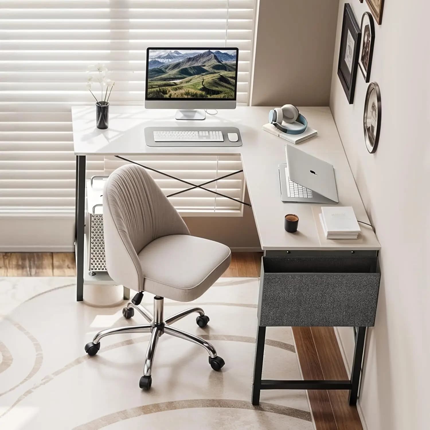 Tavolo da computer ad angolo per scrivania da gioco a forma di L per postazione di lavoro per ufficio domestico Scrivania per laptop con cavo di illuminazione RGB di archiviazione