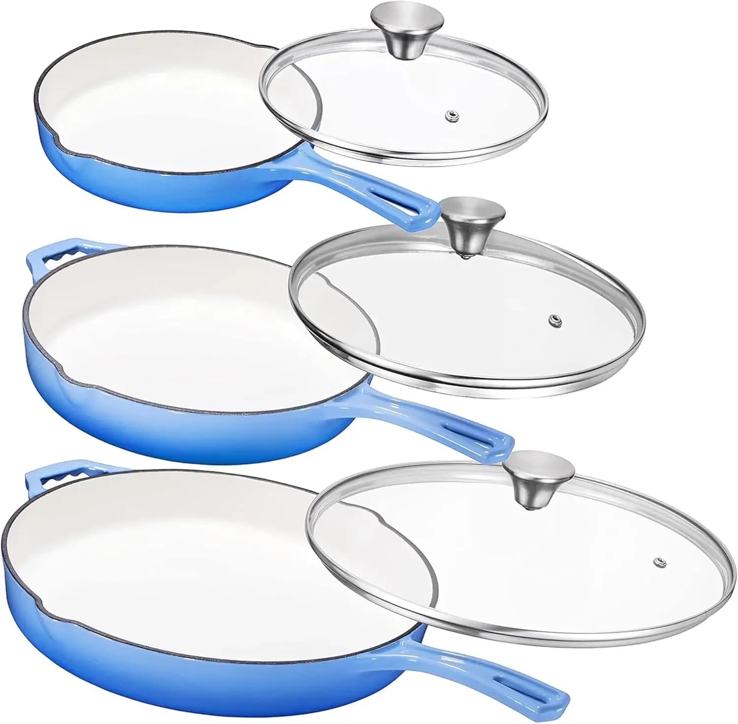 Set di Padelle in Ghisa Pretrattata - 8, 10, 12 Pollici, Smaltate Blu Antiaderenti con Coperchio in Vetro Temperato - Adatte al Forno per Uova e Alimenti