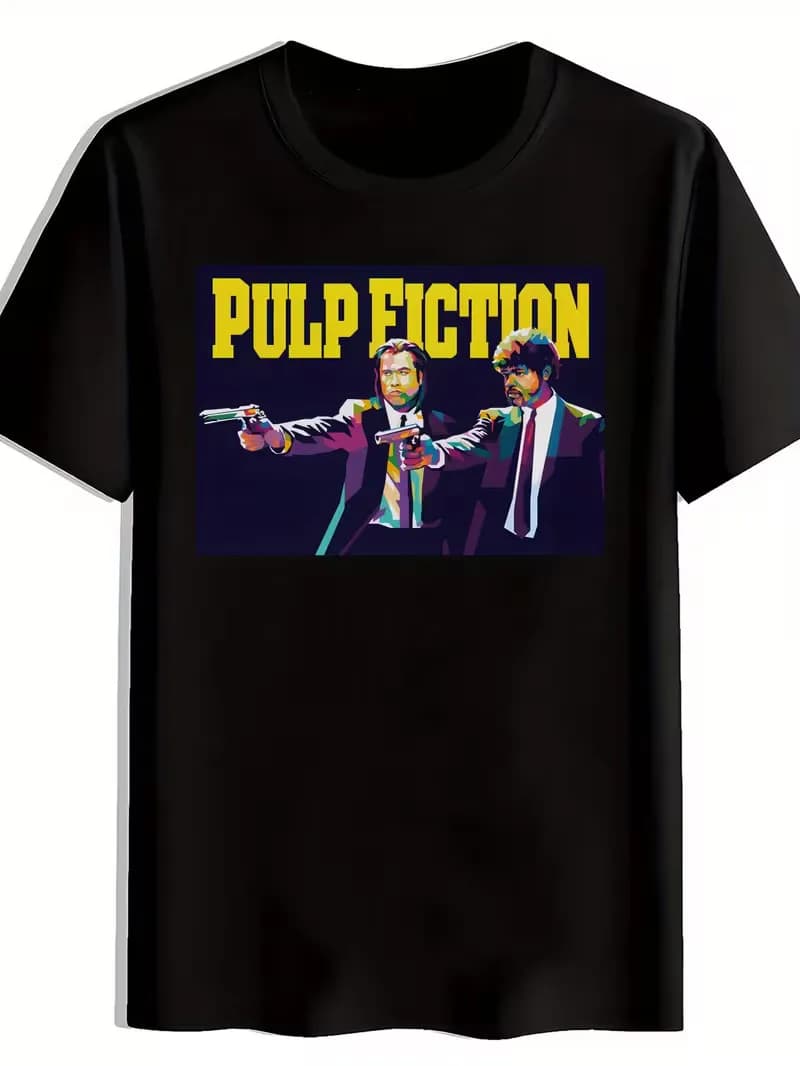 [T-shirt Pulp Fiction] T-shirt nera da uomo con grafica Pulp Fiction | Maglietta Casual con Collo Tondo