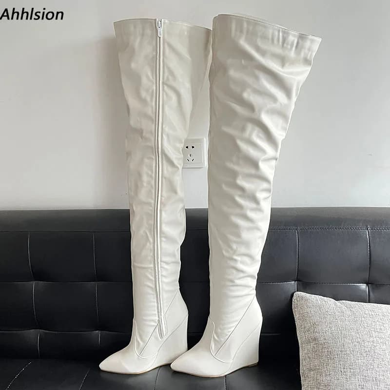 Ahhlsion Women Winter Thigh Boots Side Zipper Wedges Heels Pointed Toe Fabulous White Party Shoes US Size 5-15