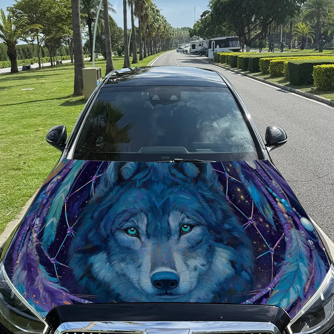 Dreamcatcher Wolf Car Engine Hood Sticker, Auto Vinyl Wraps, Waterproof Self-adhesive Vehicle Decal, Durable & Anti-scratch Auto