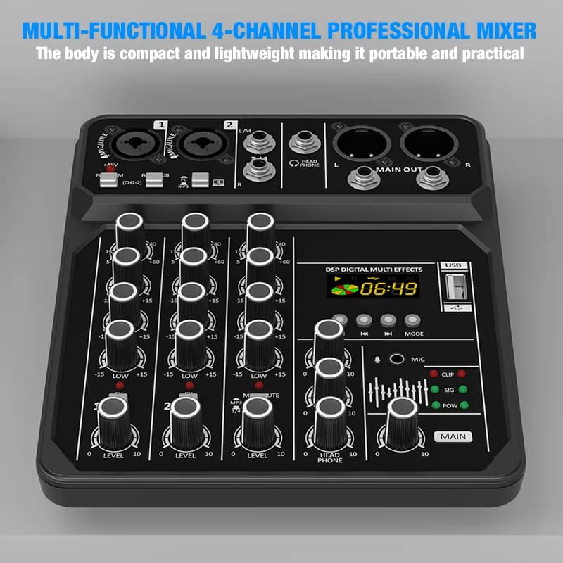 4-Channel Mixing Console Bluetooth Audio Mixer 48V Professional USB Computer Karaoke