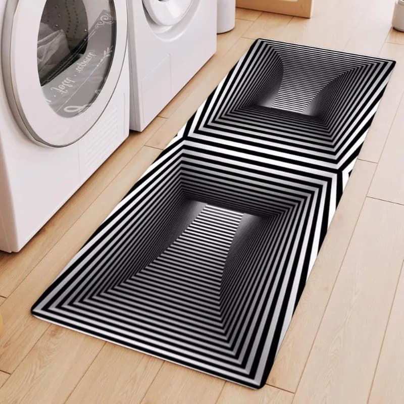 Tappeto runner con foro profondo illusione ottica 3D Tappeto antiscivolo con design quadrato a strisce bianche nere Tappetino divertente per la decorazione della casa per il corridoio
