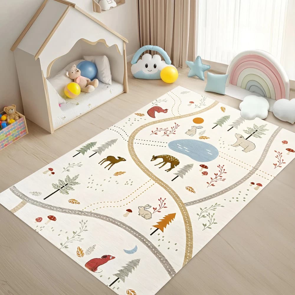 Tappeto Interattivo per Bambini con Animali Cartoon e Pista Stradale, Tema Foresta, Tappetino da Gioco Divertente Facile da Pulire per Soggiorno e Camera dei Bambini