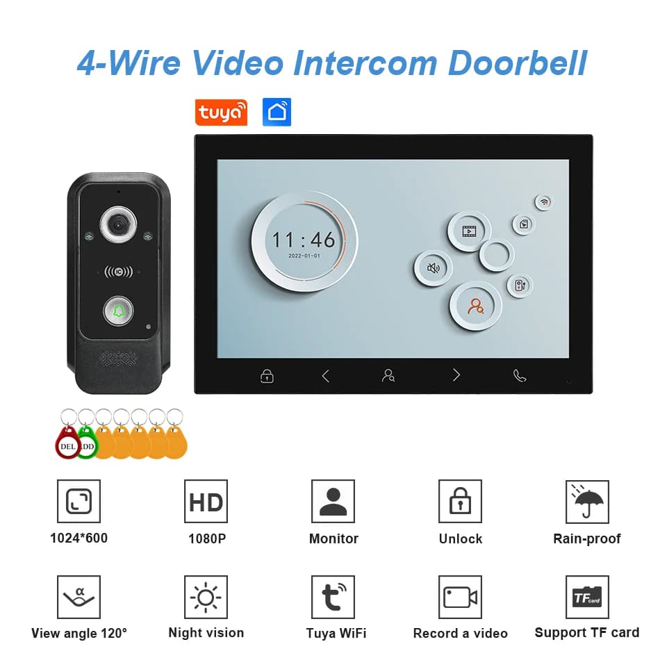 Schermo IPS da 10 pollici Tuya APP Rifd Controllo accessi WIFI Citofono Citofono Campanello visivo Telecamera per visore porta AHD da 120 gradi
