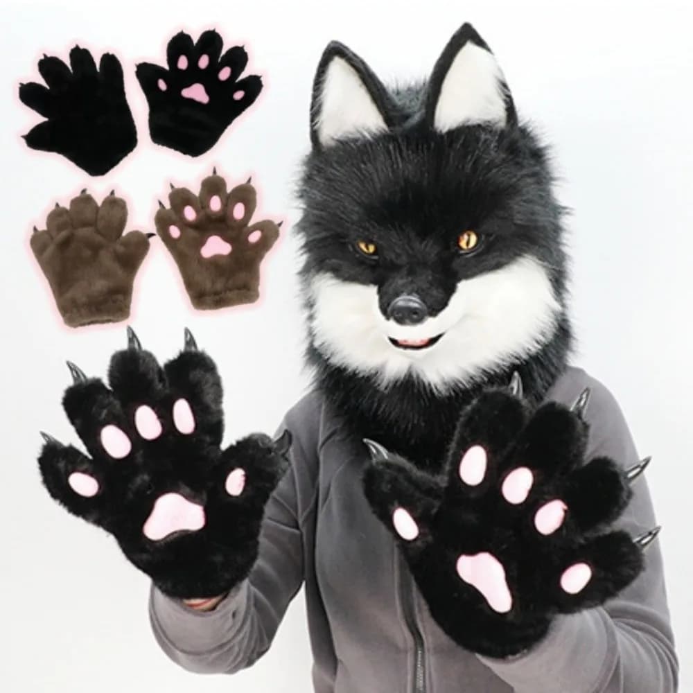 Kawaii Wolf Puppy Cosplay Costume Gloves Cartoon Thicken Cat Paw Gloves Warm Furry Animal Claw Mittens Gifts