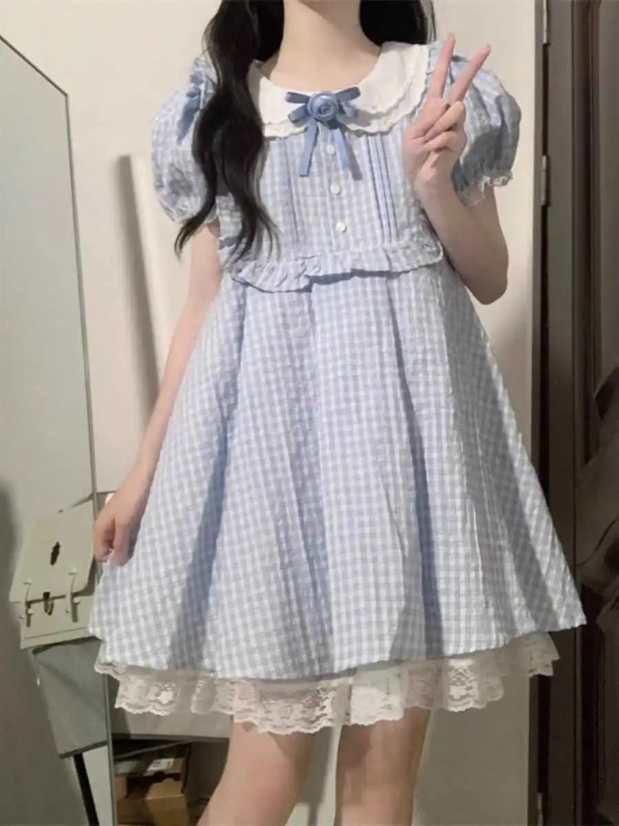 Abito Estivo Stile Dolce con Colletto a Bambola, Design Sensuale da Donna, Gonna a Vita Alta a Trapezio, Vestito Corto con Maniche a Bolla