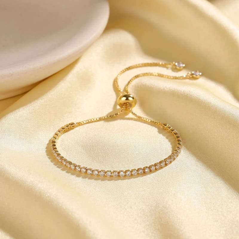 14K Gold Plated Tennis Bracelet Adjustable Slide Pull Bracelet Full Paved Round Cubic Zirconia Dainty Women Stackable Wrist Jewelry