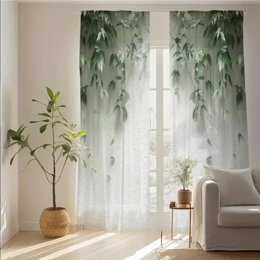 2PCS Digital Print Sheer Curtain, Green Leaves White Wall Minimalist Botanical Window Drapes for Living Room Bedroom Home Decor