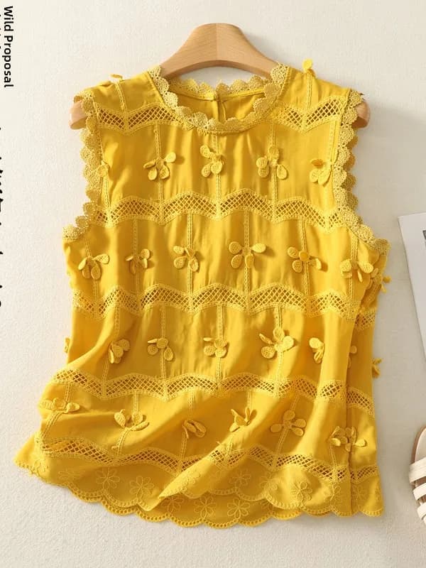 Elegant Embroidered Slimming round Neck Vest Top High-End Women's Fashion Splice Hollow out Lace Trim Straight Cut Shirt