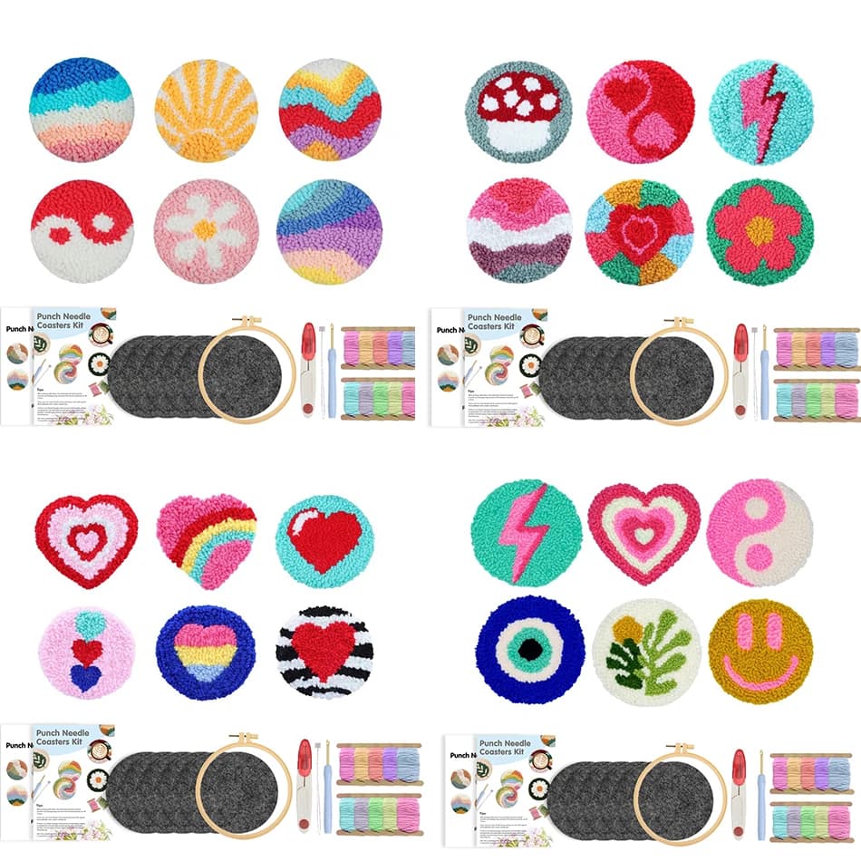 GATYZTORY 6pcs DIY Punch Needle Embroidery Coaster Set Love Heart Pattern Sewing Hobby Cup Mat Handmade Embroidery Art Coasters