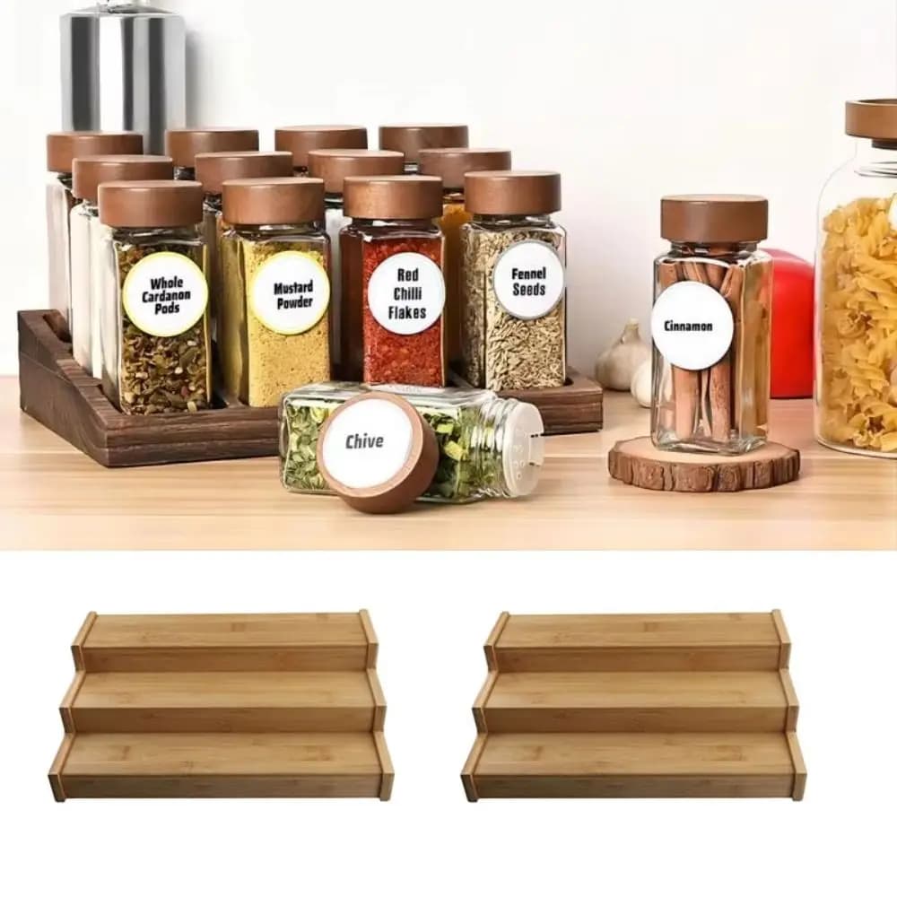 Portaspezie a 3 livelli in legno massello, salvaspazio, display per condimenti, set di contenitori per spezie multistrato durevole
