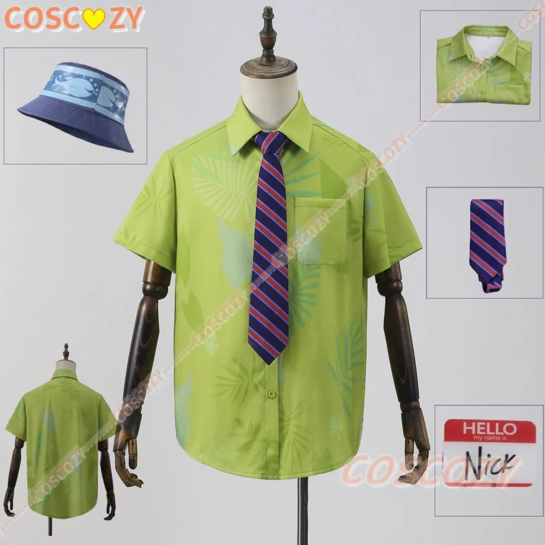 Cartoon Nick Wilde Cosplay Shirt Printed Green tie Blue Card name Costume Dress for men Halloween Carnival Role party Dresses
