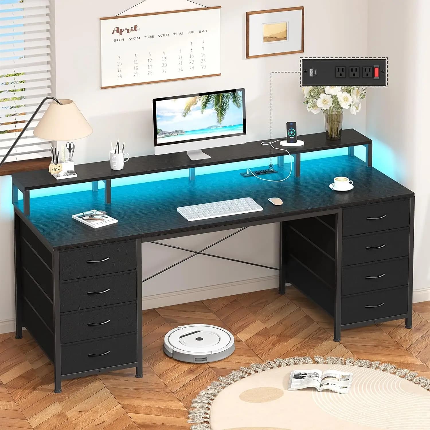 60" Computer Desk with 8 Drawers & Monitor Stand, LED Lights & Power Outlets, Home Office Gaming, Black, Customized