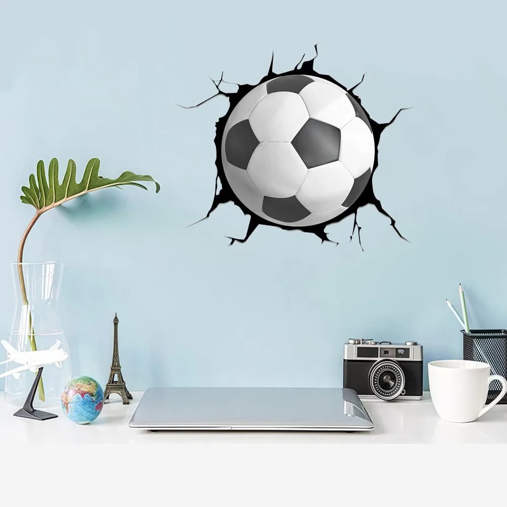 3D Football Wall Decals, Black & White Soccer Ball with Crack Effect Peel and Stick Stickers for Bedroom
