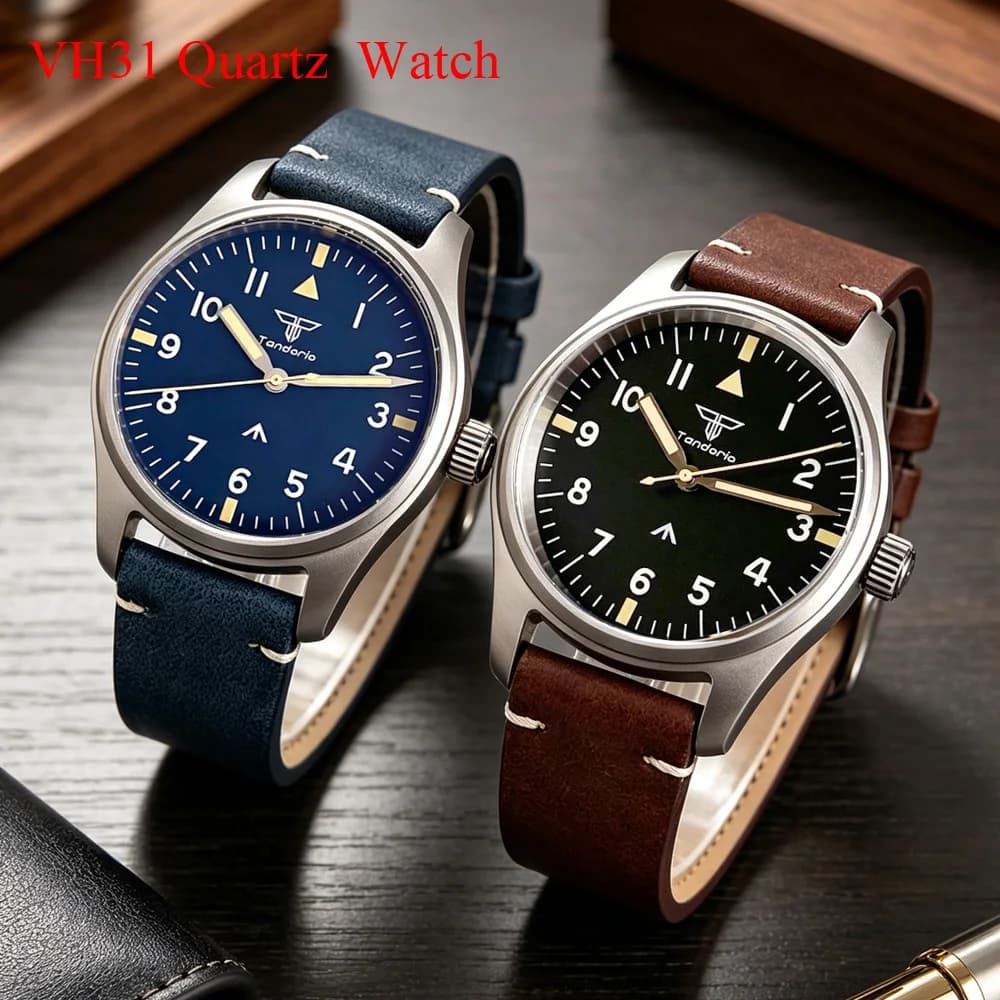 Orologio da Uomo Tandorio 39mm con Cassa in Titanio, Vetro Zaffiro AR, Movimento al Quarzo VH31 con Secondi Continui, Impermeabile 20ATM, Lume, Stile Vintage da Pilota e Subacqueo