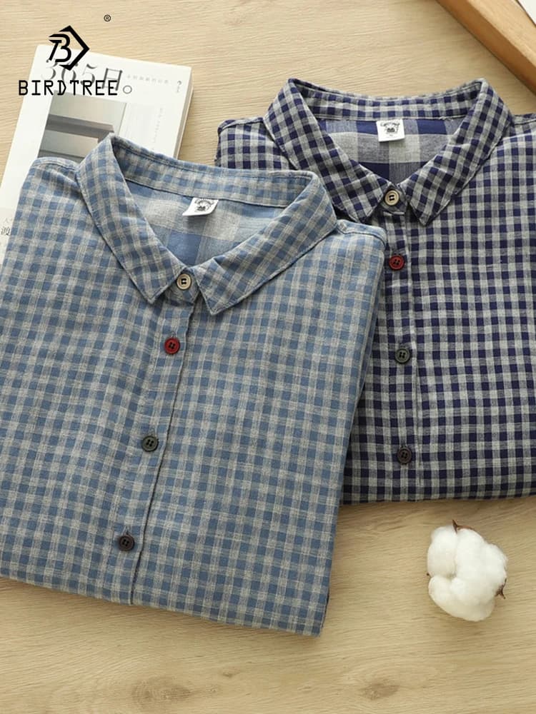 Nuova camicia a maniche lunghe in filato di cotone autunnale 20225, plaid da donna con colletto rovesciato, camicetta allentata per pendolari alla moda Mori Girl T59188CC