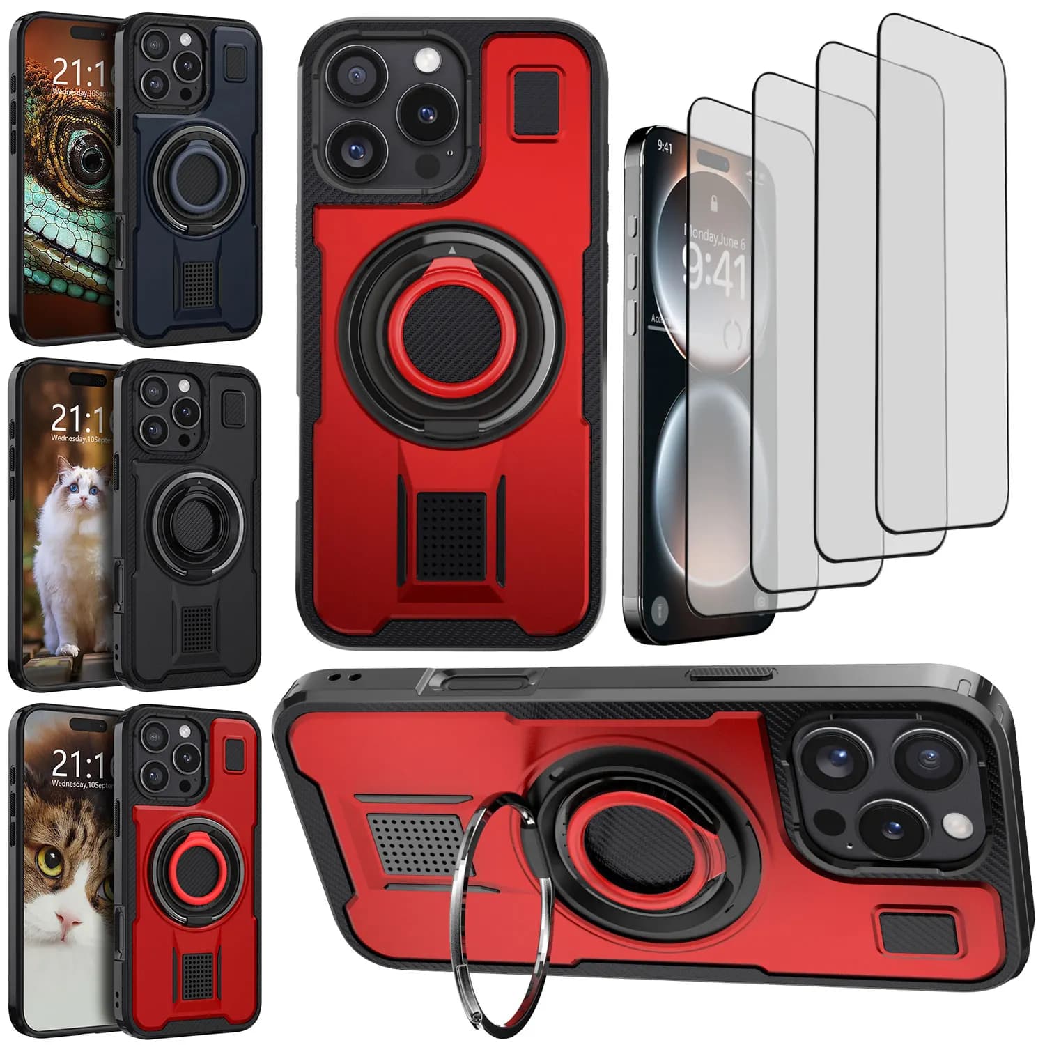 Per iPhone 16/16 Pro/16 Pro Max/16 Plus Custodia robusta ibrida Supporto per cavalletto ad anello + 4 pezzi Proteggi schermo in vetro temperato trasparente