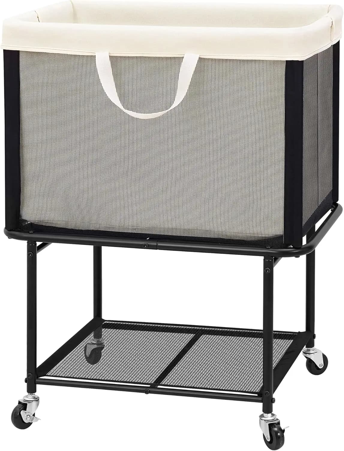 29 Gallon White Basket with Wheels Lockable, Removable Canvas Bag, 2 Level Storage for Wardrobe and Bathroom