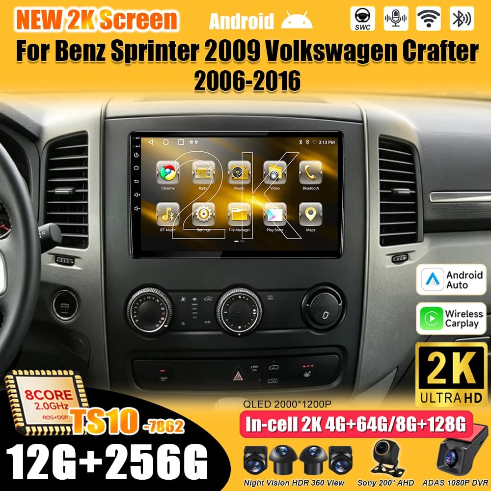 Sistema Radio Intelligente Android 15 per Mercedes-Benz Sprinter e Volkswagen Crafter 2006, Schermo Touch con Carplay, 8 Core, Wi-Fi