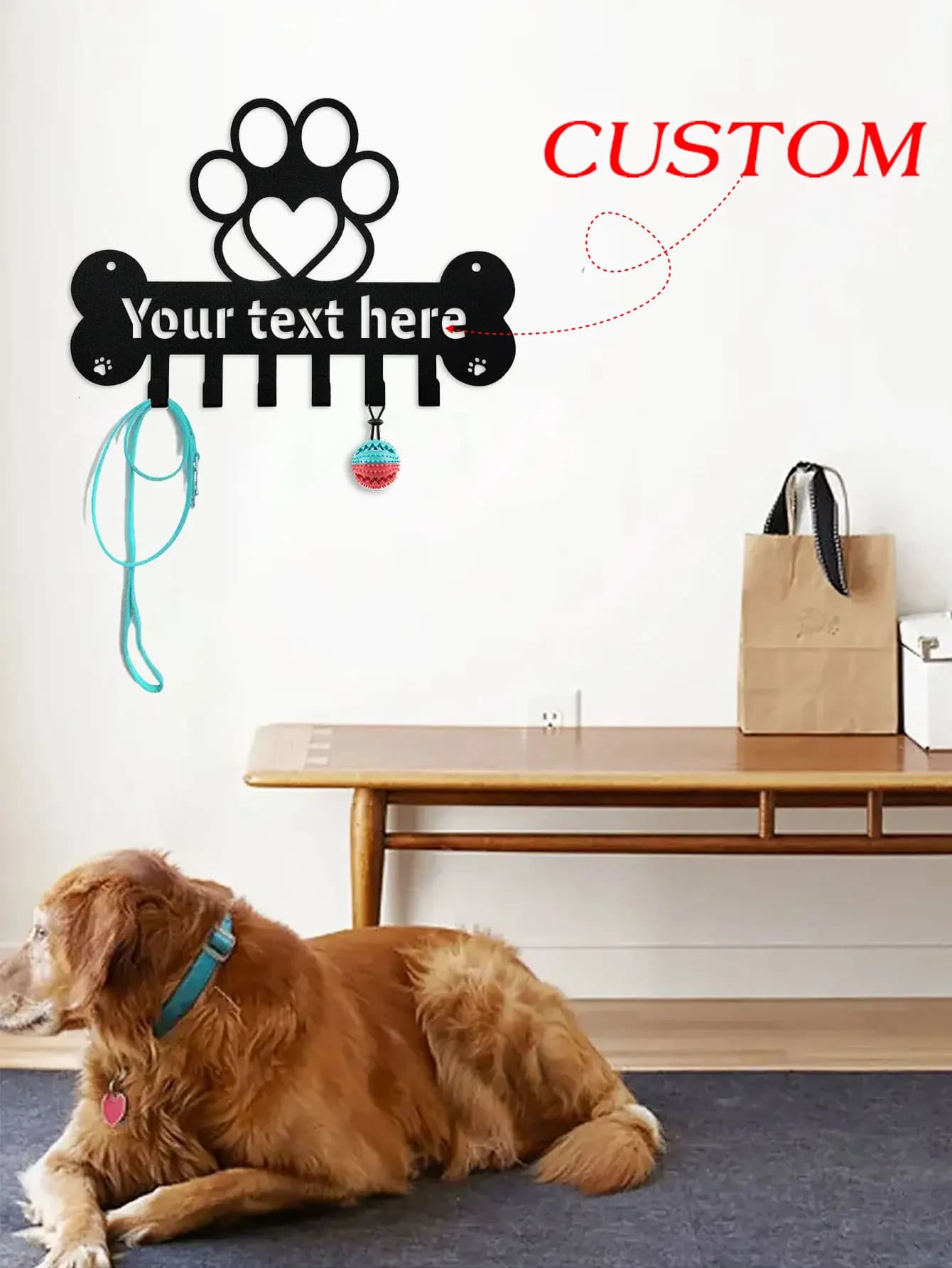 1Pc Personalized Dog Leash Holder for Wall, Dog Stuff Organizer Pet Leash Hook Bone and Paw Design, Unique Metal Key Holder Wall