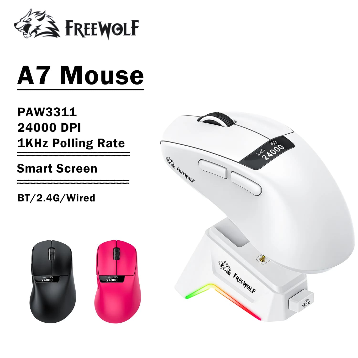 Mouse da gioco wireless FREEWOLF A7 59g Dock RGB tri-modale leggero Sensore PAW3311 Display intelligente 24000 DPI ergonomico
