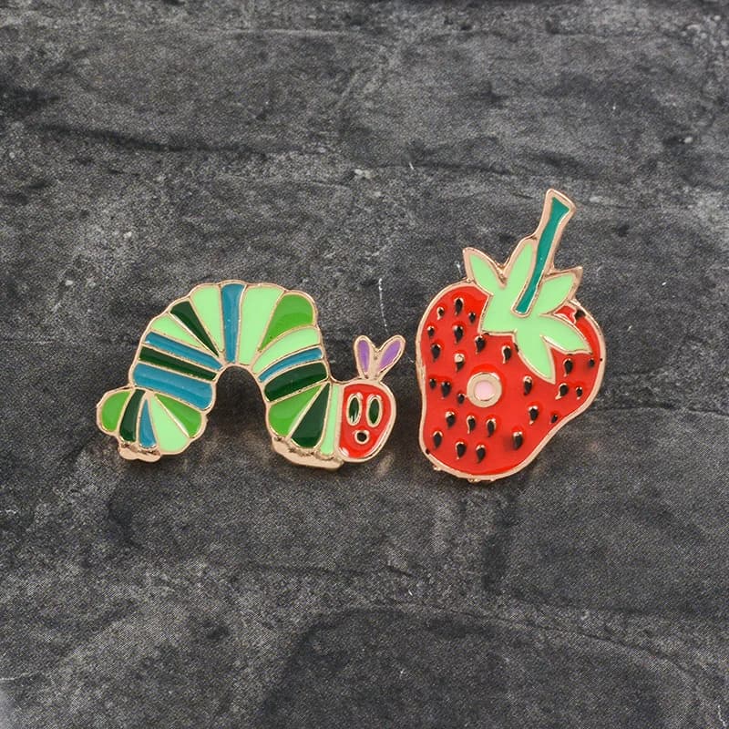 Hungry Caterpillar Strawberry Enamel Pins Cute Cartoon Green Caterpillar Fruit Lapel Brooch Badge Backpack Jeans Jewelry Gift